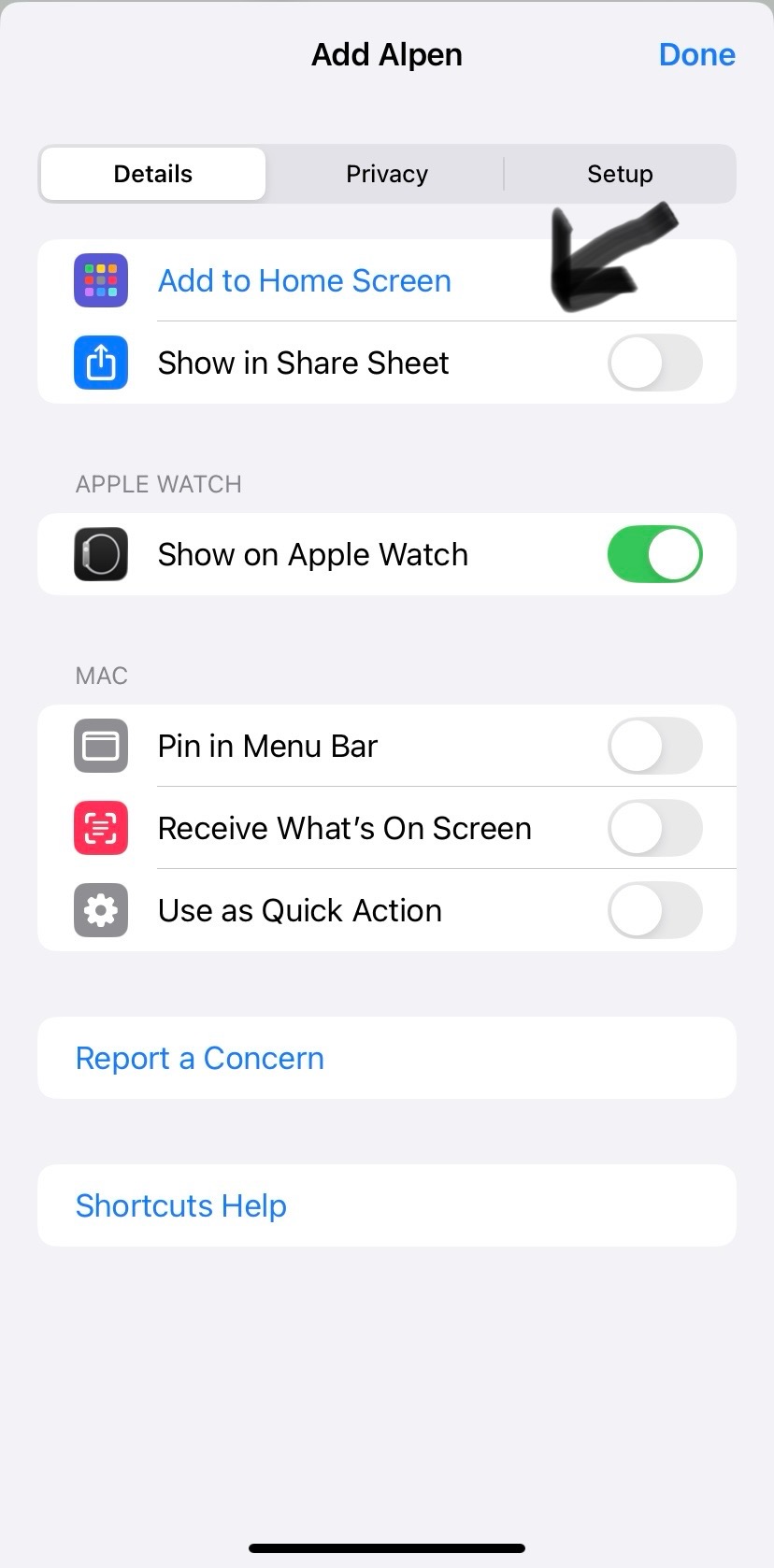 Shortcut Details screen with an arrow pointing to the Add to Home Screen option