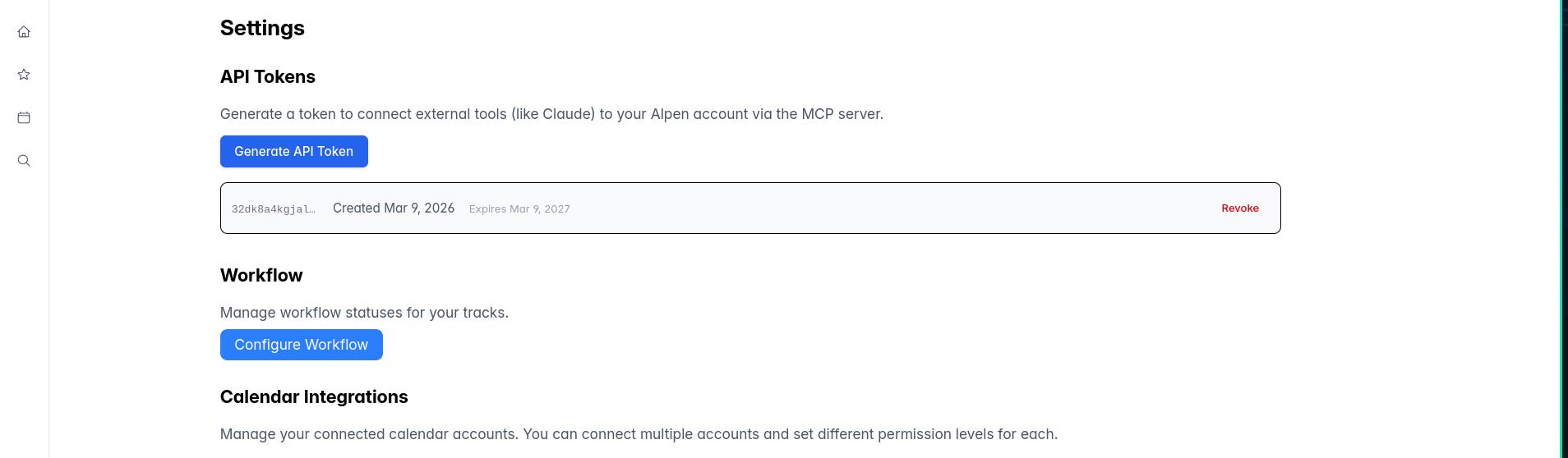 Alpen Settings page showing the API Tokens section with a Generate API Token button