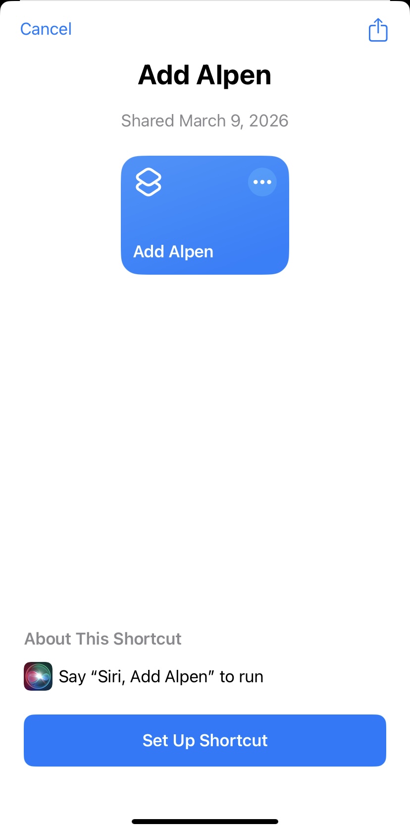 iOS screen showing the Add Alpen shortcut with a Set Up Shortcut button