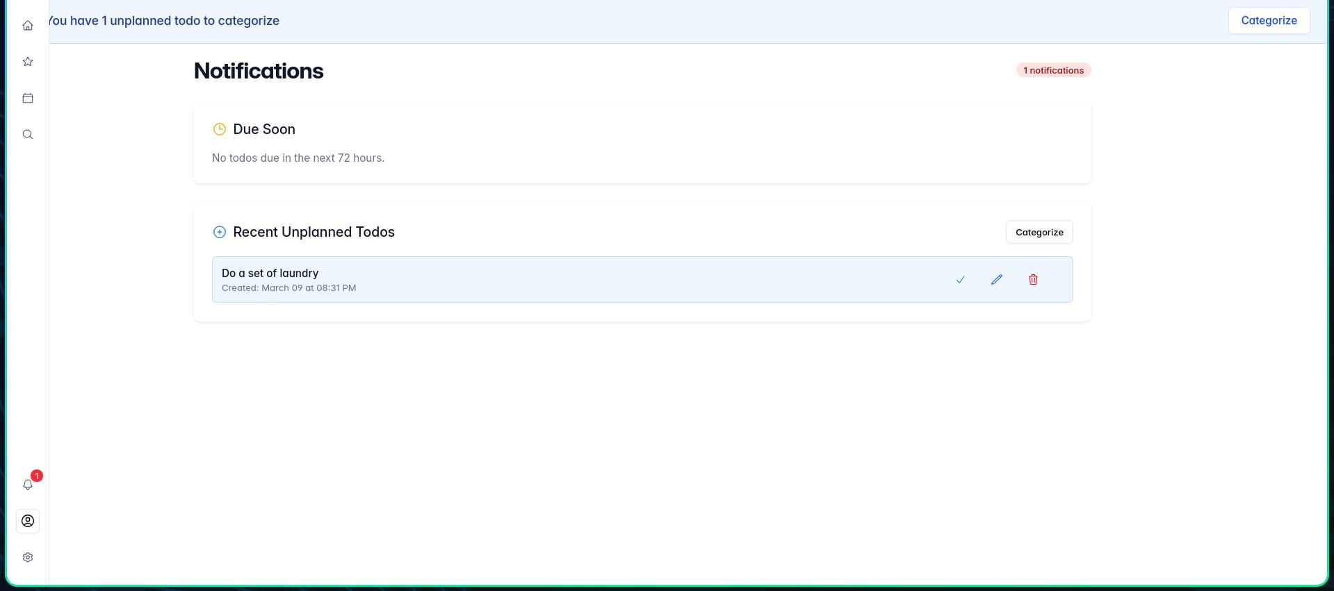 Alpen Notifications screen showing "Do a set of laundry" in the Recent Unplanned Todos section