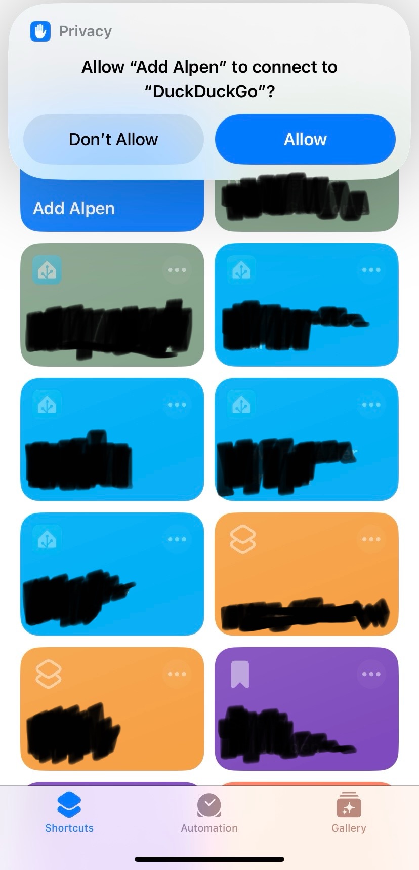 iOS Privacy prompt asking to allow Add Alpen to connect to the internet