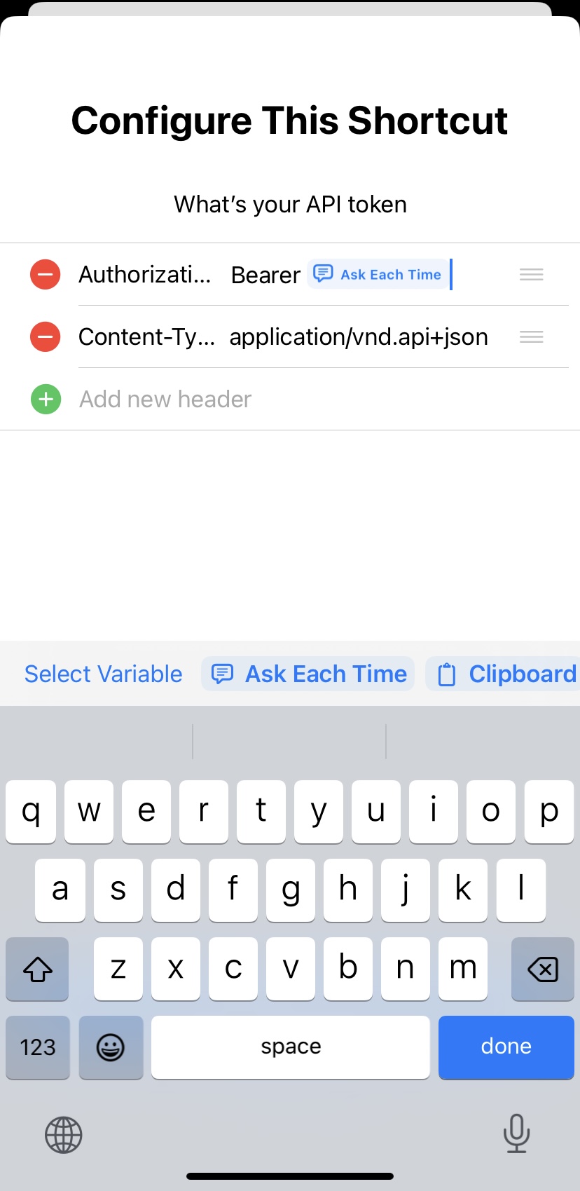 Configure This Shortcut screen showing the Authorization Bearer token field