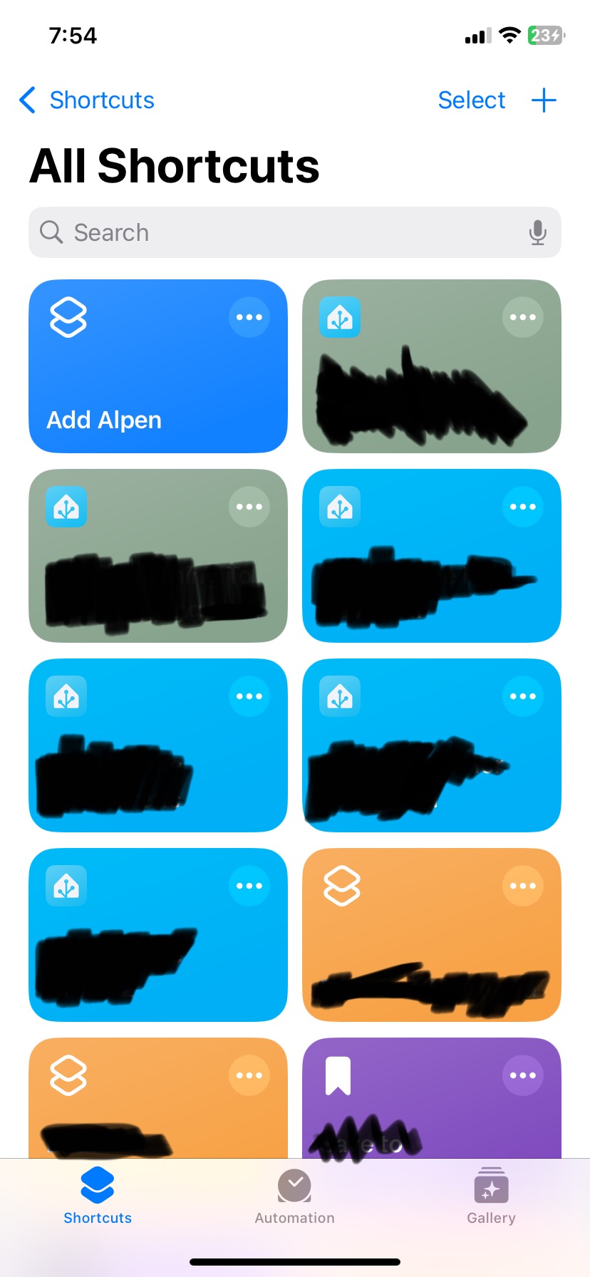 All Shortcuts list showing the Add Alpen shortcut at the top